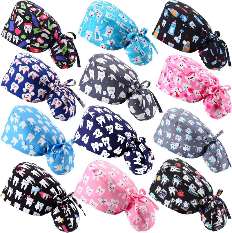 Tisancy 12 Pcs Dental Scrub Cap for Women Nurse Cap with Button Adjustable Dentist Surgical Hat Long Hair Ponytail Pouch Hat - Image 1